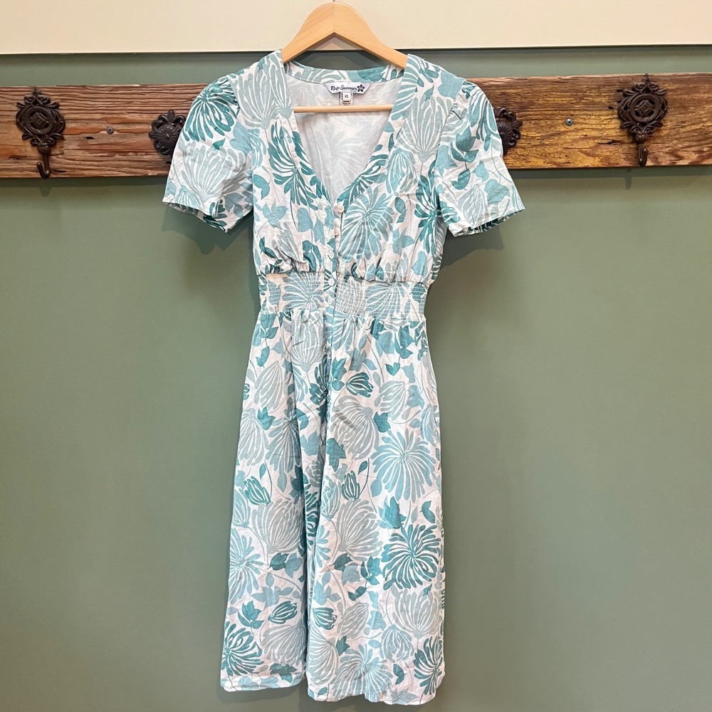 Reyn Spooner Womens Teal Floral Smocked Waist Midi Dress Pockets XS